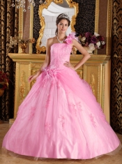 Elegant Pink Ball Gown One Shoulder Floor-length Appliques Tulle For Sweet 16 Dresses