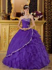 Elegant Purple Strapless Floor-length Lace-up Bule Organza Beautiful Quinceanera Dress