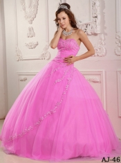 Elegant Sleeveless Appliques And Beading Rose Pink Tulle Beautiful Quinceanera Dress