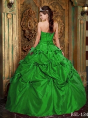 Elegant Strapless Taffeta and Feather Ball Gown Dress with Hand Made Flower in Green