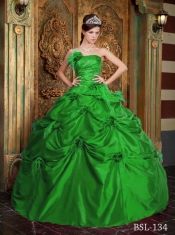 Elegant Strapless Taffeta and Feather Ball Gown Dress with Hand Made Flower in Green