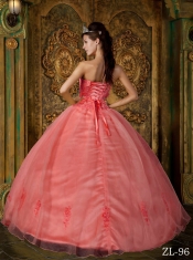 Elegant Watermelon Ball Gown Strapless Floor-length Appliques Organza For Sweet 16 Dresses