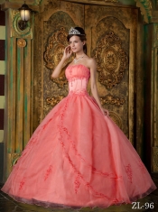 Elegant Watermelon Ball Gown Strapless Floor-length Appliques Organza For Sweet 16 Dresses