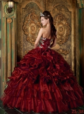 Elegant Wine Red Ball Gown Sweet-heart Lace-up Floor-length Organza Beautiful Quinceanera Dress
