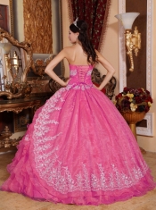 Exclusive Hot Pink Ball Gown Strapless Floor-length Organza Appliques And Ruffles Beautiful Quinceanera Dress