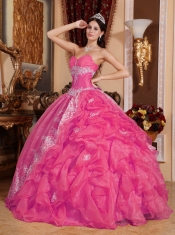 Exclusive Hot Pink Ball Gown Strapless Floor-length Organza Appliques And Ruffles Beautiful Quinceanera Dress