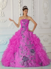 Exquisite Ball Gown Strapless Pretty Quinceanera Dresses Embroidery Hot Pink