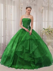 Exquisite Green Ball Gown Strapless With Organza Beading For Discount Quinceanera Dress