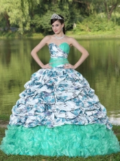 Fashinable Colorful Organza Beaded Brush Train Quinceanera Dress With Pick-ups and Ruffles