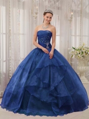 Fashinable Organza Strapless Beading Ball Gown Dress in Navy Blue