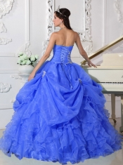 Fashinable Strapless Organza Beading Ball Gown Dress with Appliques and Ruffles in  Blue