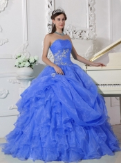 Fashinable Strapless Organza Beading Ball Gown Dress with Appliques and Ruffles in Blue