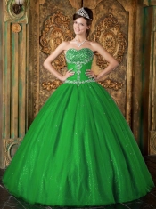 Fashionable Green A-Line / Princess Sweetheart Floor-length Beading Tulle For Sweet 16 Dresses