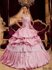 Fashionable Lace-up Pink Appliques Taffeta Ostentatious Beautiful Quinceanera Dress
