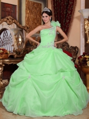 Fashionable One Shoulder Green Ball Gown Floor-length Organza Beautiful Quinceanera Dress With Appliques