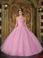 Formal Sweet 16 Dresses In Rose Pink Ball Gown Strapless With Tulle Appliques