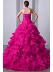 Fuchsia A-Line / Princess Sweetheart Brush Train Organza Beading and Ruffles Quinceanea Dress