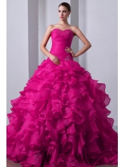 Fuchsia A-Line / Princess Sweetheart Brush Train Organza Beading and Ruffles Quinceanea Dress Fuchsia A-Line / Princess Sweetheart Brush Train Organza Beading and Ruffles Quinceanea Dress