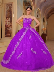 Fuchsia Appliques and Beading Sweetheart Organza Ball Gown Dress