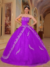 Fuchsia Appliques and Beading Sweetheart Organza Ball Gown Dress
