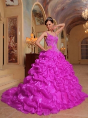 Fuchsia Ball Gown Spaghetti Straps Quinceanera Dress with Organza Embroidery Fuchsia Ball Gown Spaghetti Straps Quinceanera Dress with Organza Embroidery