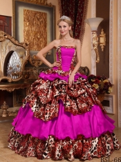 Fuchsia Ball Gown Strapless Quinceanera Dress with Taffeta and Leopard Pick-ups