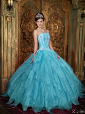 Gorgeous Ball Gown Strapless 15th Birthday Dresses with Appliques Organza Aqua Blue
