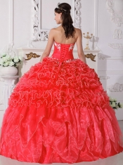 Gorgeous Coral Red Ball Gown Swett-heart Floor-length Organza Embroidery Beading Quinceanera Dress