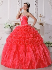 Gorgeous Coral Red Ball Gown Swett-heart Floor-length Organza Embroidery Beading Quinceanera Dress