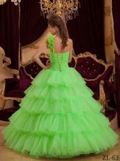 Green A-line / Princess One Shoulder Floor-length Ruffles Beautiful Quinceanera Dress
