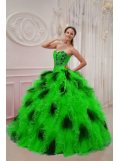 Green and Black Ball Gown Sweetheart Orangza Beading and Ruch Quinceanera Dress