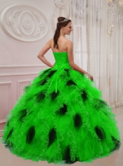 Green and Black Ball Gown Sweetheart Orangza Beading and Ruch Quinceanera Dress