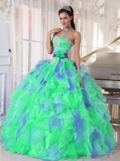 Green and Blue Sweetehart Ruffles and Appliques Pretty Quinceanera Dresses