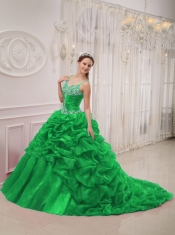 Green Ball Gown Spaghetti Straps Court Train Pretty Quinceanera Dresses with Organza Beading