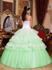 Green Ball Gown Spaghetti Straps Quinceanera Dress with  Organza Lace Appliques