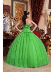 Green Ball Gown Strapless Floor-length Tulle Embroidery with Beading For Sweet 16 Dresses