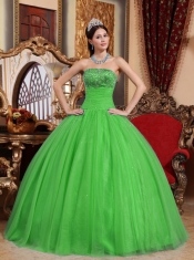 Green Ball Gown Strapless Floor-length Tulle Embroidery with Beading For Sweet 16 Dresses
