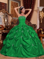 Green Ball Gown Strapless With Taffeta Appliques For Discount Quinceanera Dress
