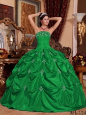 Green Ball Gown Strapless With Taffeta Appliques For Discount Quinceanera Dress