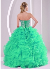 Green Ball Gown Sweetheart With Ruffles and Beading Long Quinceanera Gowns in New Styles