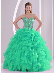 Green Ball Gown Sweetheart With Ruffles and Beading Long Quinceanera Gowns in New Styles