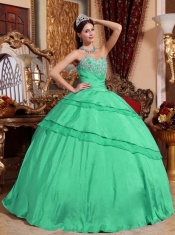 Green Ruching and Ruffled Layers Sweetheart Taffeta Appliques Ball Gown Dress