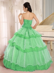Green Sweetheart Beaded Decorate and Ruched Bodice Ruffled Layeres 15th Birthday Dresses In 2013