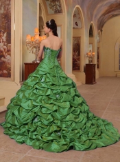 Green Taffeta Ball Gown Sleeveless Strapless Court Train Pick-ups Cheap Quinceanera Dresses