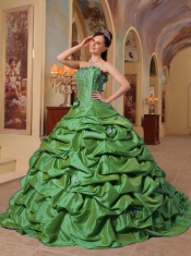 Green Taffeta Ball Gown Sleeveless Strapless Court Train Pick-ups Cheap Quinceanera Dresses