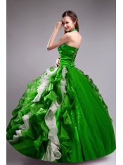Halter Top Orangza Applqiues and Ruffles Ball Gown Dress in Green and White