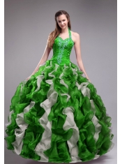 Halter Top Orangza Applqiues and Ruffles Ball Gown Dress in Green and White