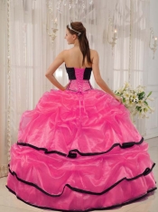 Hot Pink and Black Ball Gown Strapless 15th Birthday Dresses Satin and Organza Beading