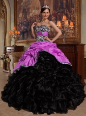 Hot Pink and Black Ball Gown Sweetheart Floor-length Pick-ups Taffeta and Organza Pretty Quinceanera Dresses
