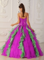 Hot Pink and Green Floor-length Appliques and Beading Cheap Quinceanera Dresses For 2014